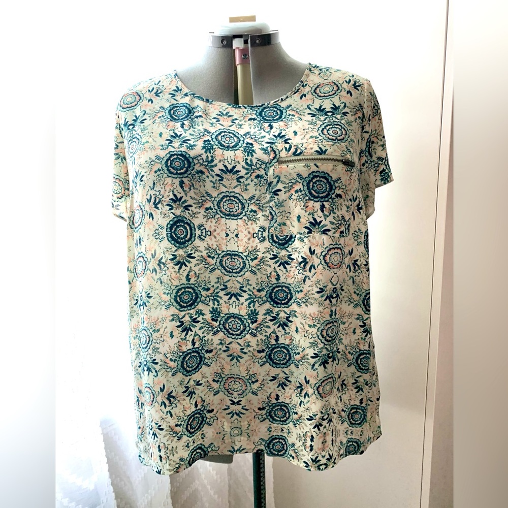 Teal-Multi Print Blouse with Zipper Pocket